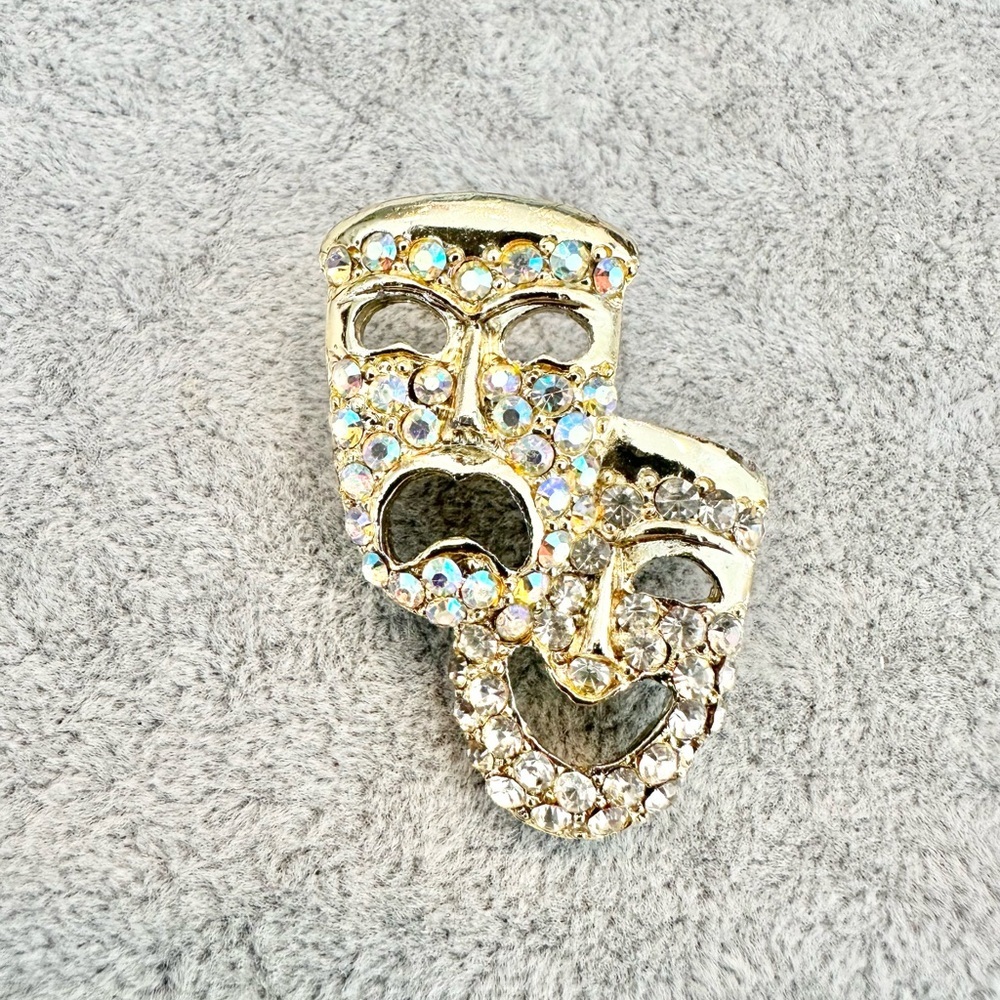 Vintage Gold Tone Aurora Borealis Rhinestone Comedy Tragedy Theater Mask Brooch